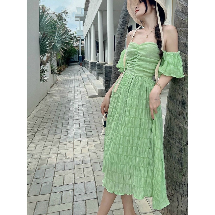 Đầm xòe nhún có lót trễ vai tày bèo có mút xinh xắn