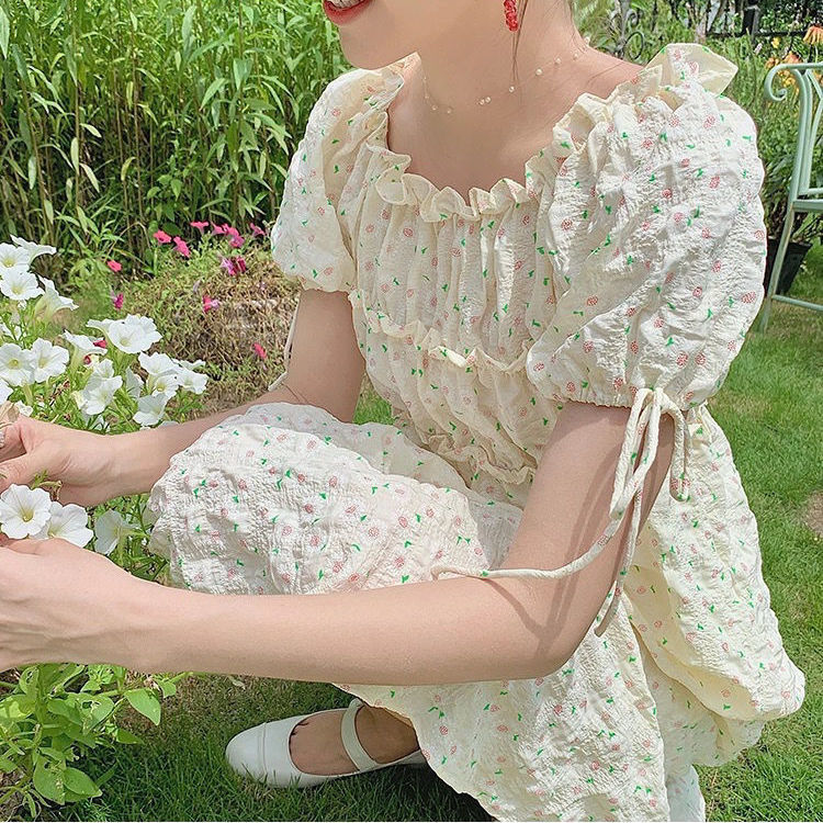 Đầm chữ A tay ngắn in hoa phong cách đáng yêu cho nữ