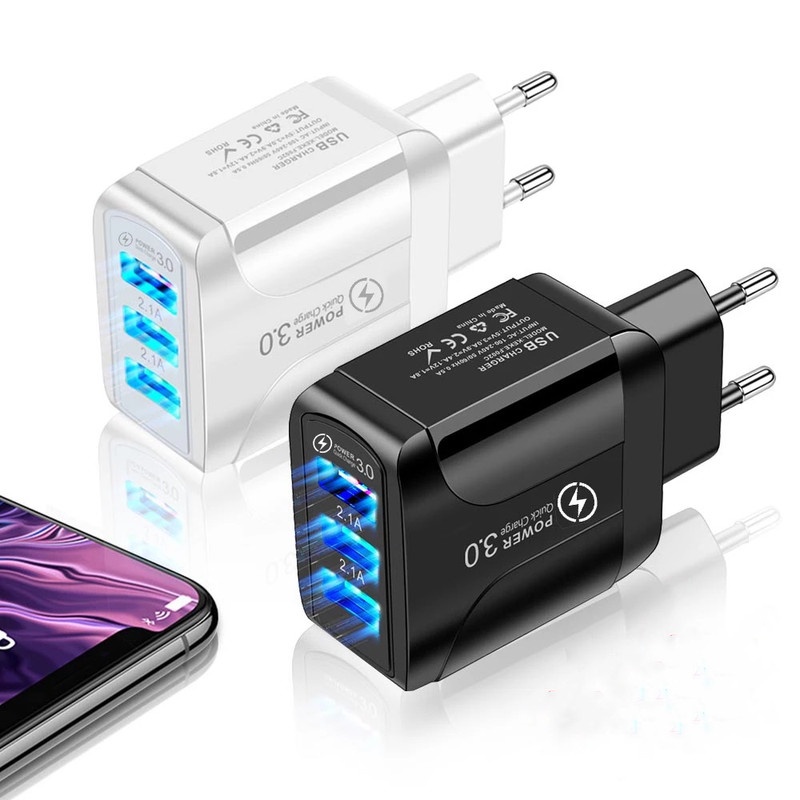 Củ Sạc 15W 3 Cổng USB Phích Cắm US EU Cho Điện Thoại Android