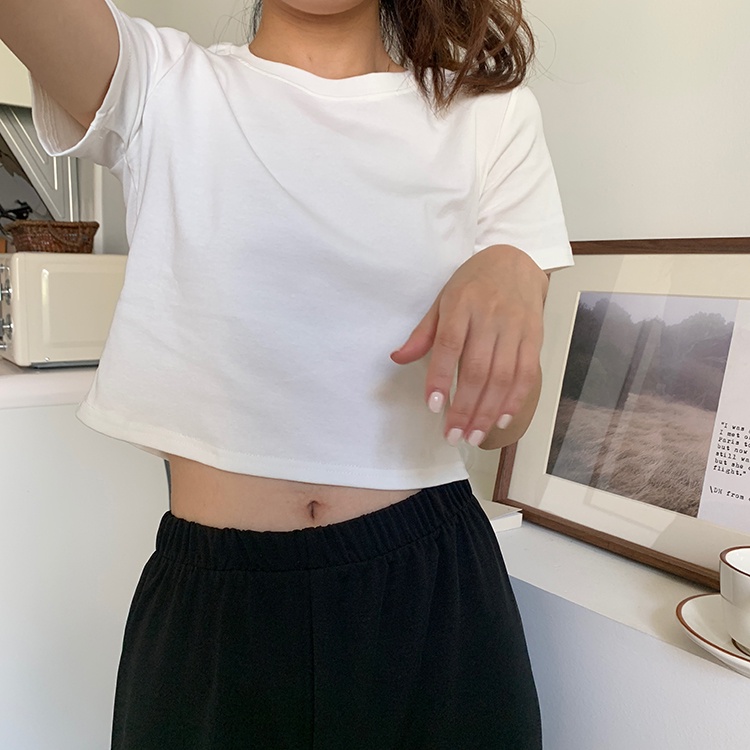 NUZIRO  Áo thun croptop  ngắn tay cổ tròn vải cotton co giãn thoải mái 8 màu lựa chọn thời trang hè cho nữ
