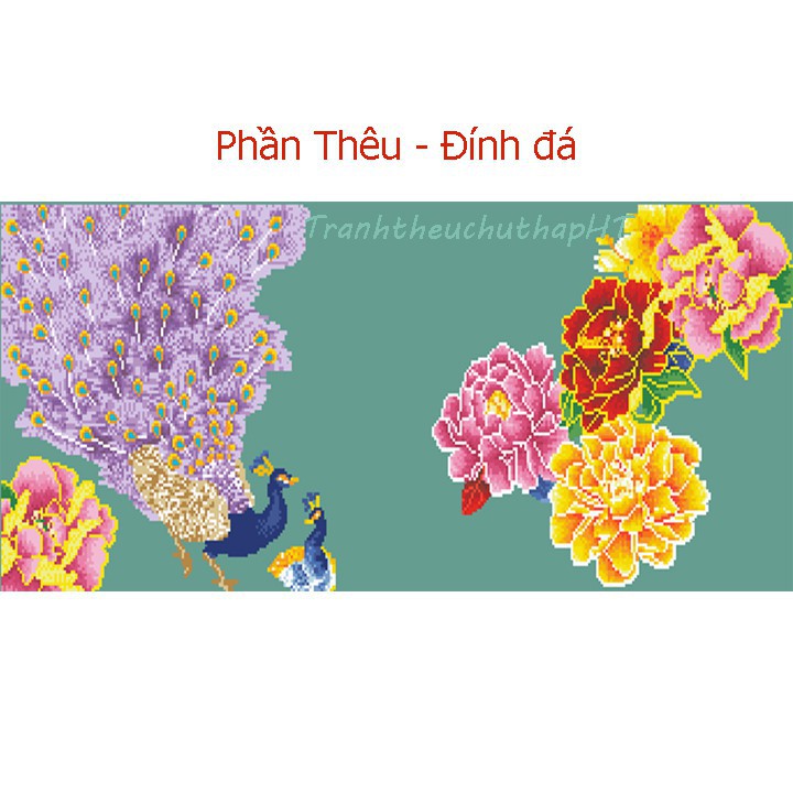 Tranh đính đá, tranh thêu chữ thập đồng hồ con công hoa mẫu đơn, phu thê viên mãn DF454 , LV3161  – Tự