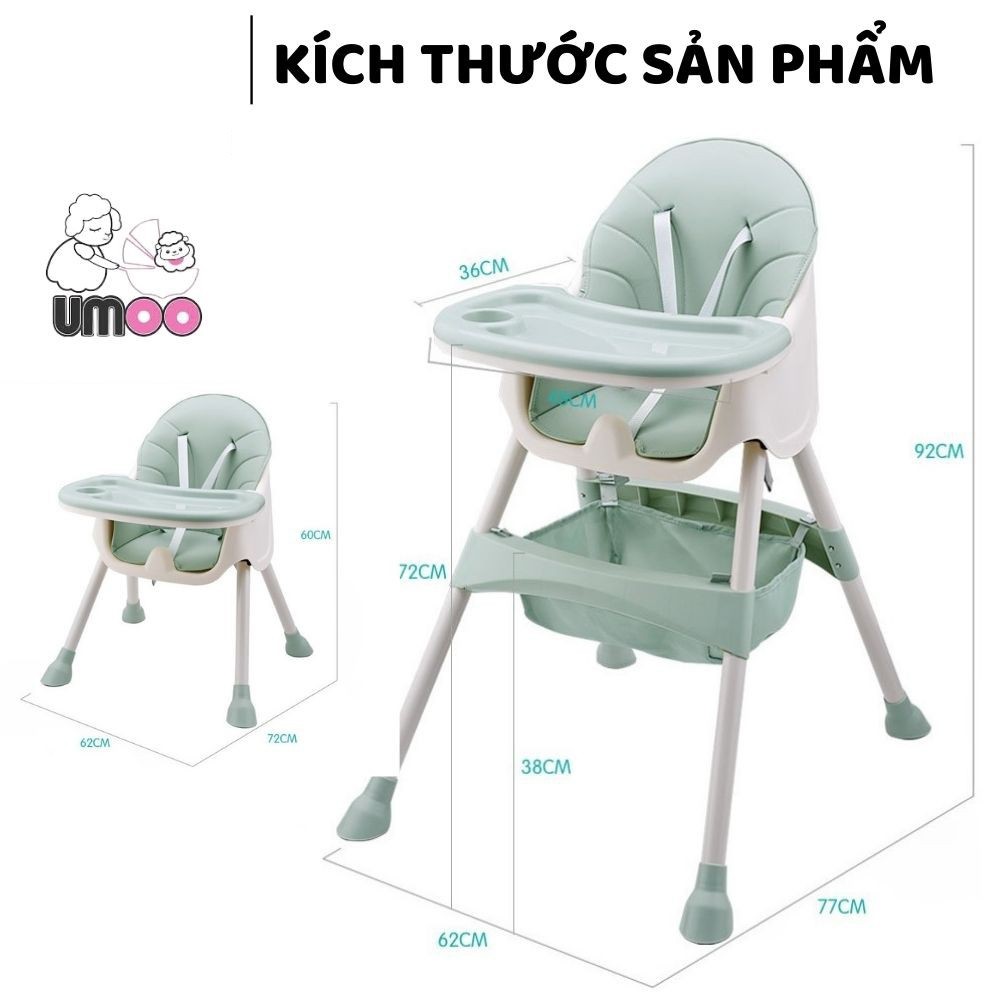 Ghế ăn dặm Umoo cao cấp tùy chỉnh độ cao với 4 chân chống trượt có khay ăn và túi đựng đồ tiện lợi cho bé