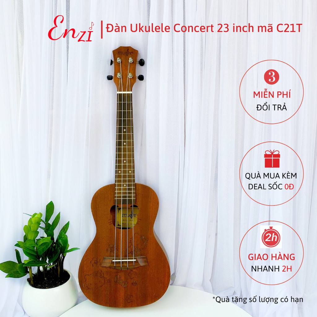 Đàn ukulele concert C21T Enzi 23 inch gỗ mộc họa tiết Hello Kitty giá rẻ cho bạn mới bắt đầu tập chơi