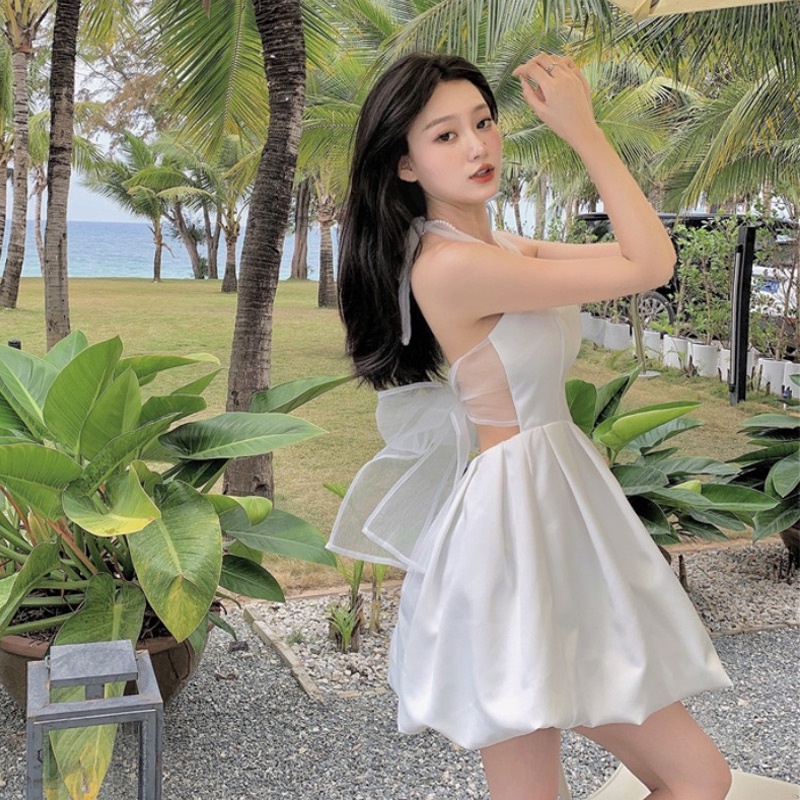 Đầm Mini Hai Dây Đính Nơ Thời Trang Mùa Hè Dành Cho Nữ