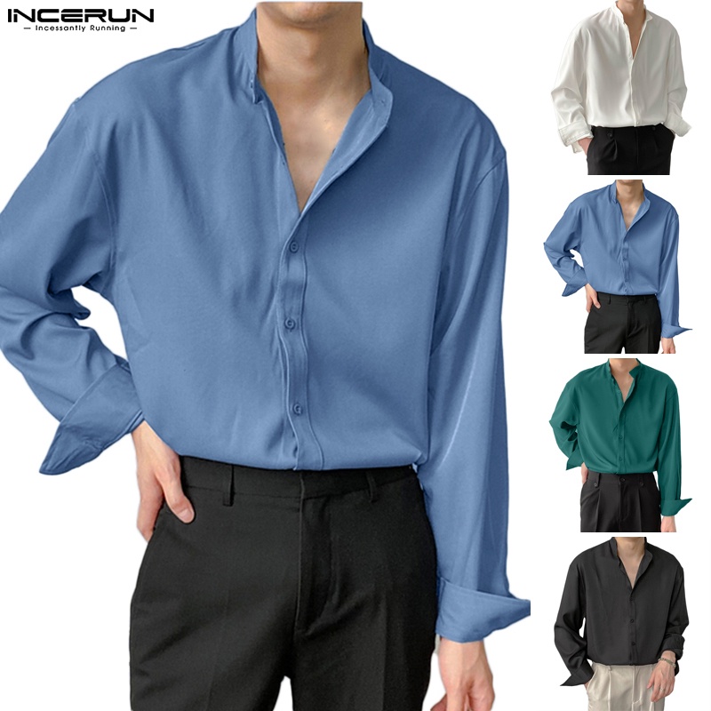 Áo sơ mi INCERUN tay dài cài nút màu trơn cỡ lớn thời trang trẻ trung dành cho nam