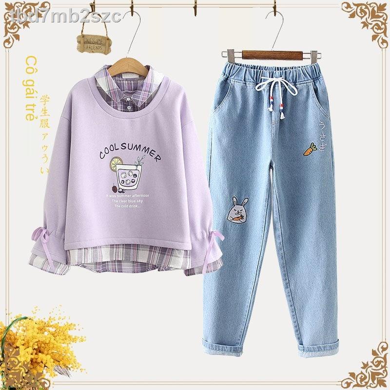 ✇☊Bộ đồ đơn mùa xuân và mùa thu phong cách đại học cô gái áo len mỏng học sinh trung học kết hợp quần jean hai mảnh