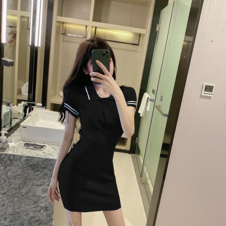 Váy body đầm dáng ôm dài sexy cổ đức trơn polo LUHAZO cổ v ulzzang Hàn quốc  S5T5-1