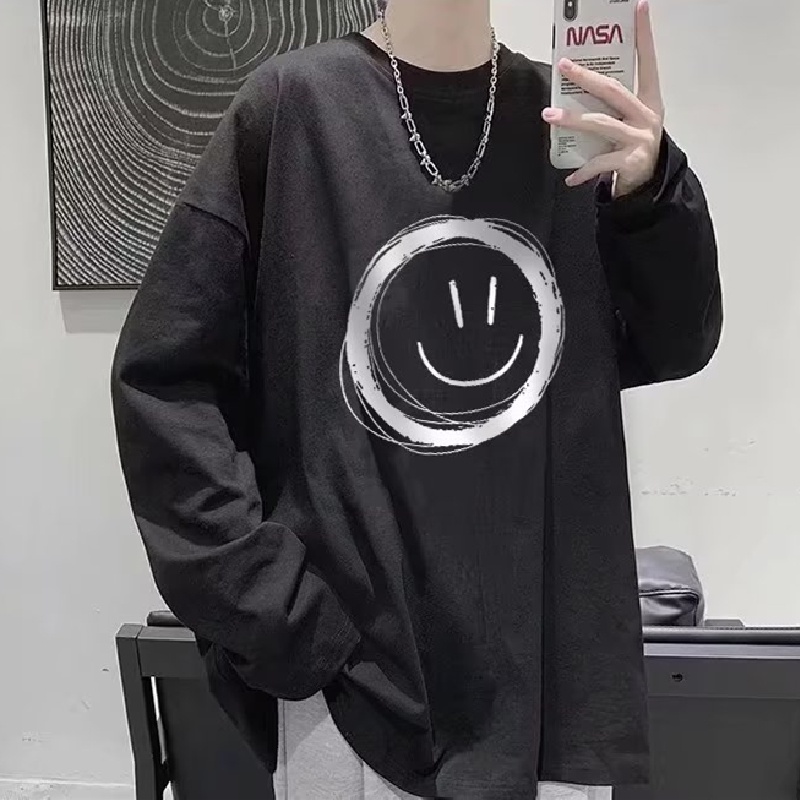 Áo Thun Tay Dài Cổ Tròn Dáng Rộng In Hình Biểu Cảm Thời Trang Phong Cách Hàn Quốc Cho Nam Size M-5XL