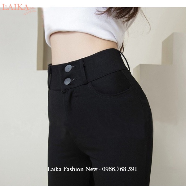 Quần legging nữ cạp cao dài nâng mông 2 nút cài thêu chữ H túi -  Quần legging đen co giãn gen bụng vải Umi dày ôm body