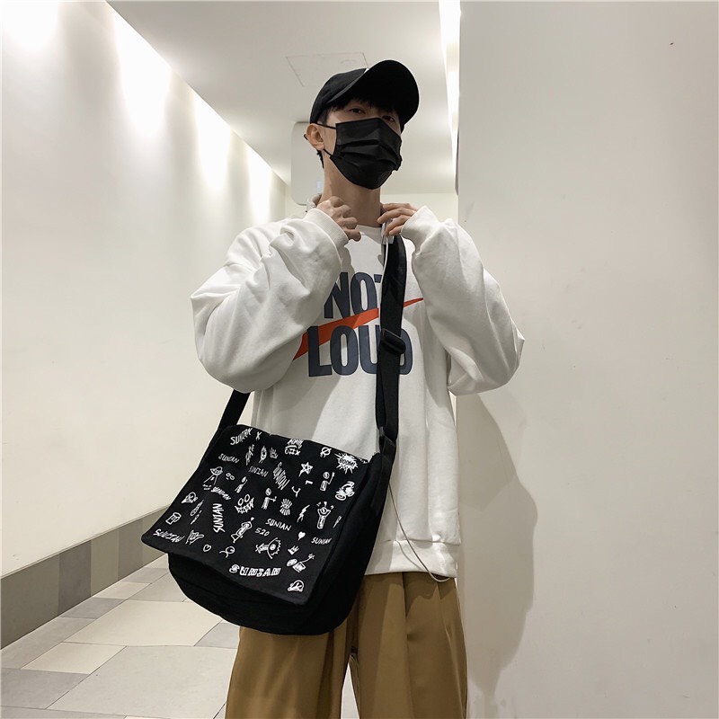 Túi tote vải đeo chéo canvas unisex cao cấp đựng vừa khổ a4 đi học đi chơi Hàn Quốc