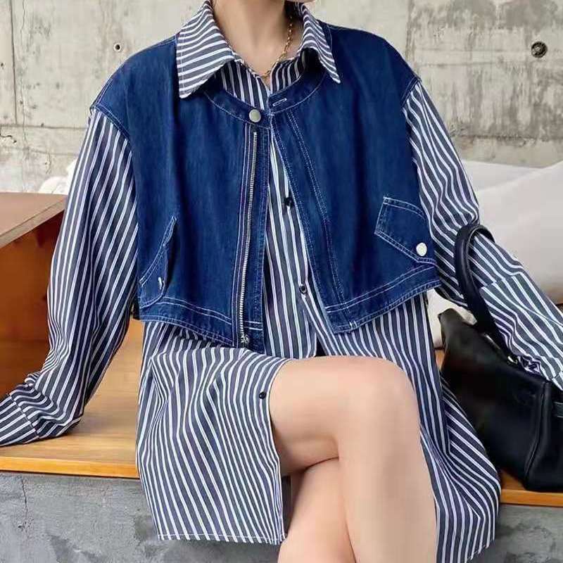 IELGY Áo sơ mi tay dài họa tiết kẻ sọc phong cách retro hong kong cho nữ