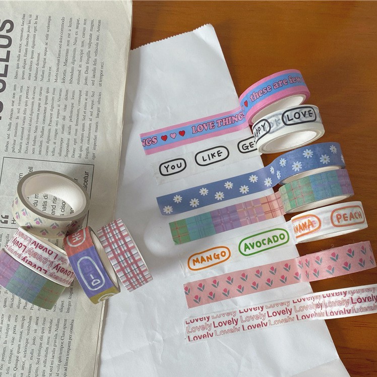 Washi tape cute hình vẽ, chữ viết dễ thương, băng keo giấy nhiều họa tiết màu sắc trang trí sổ tay, dụng cụ học tập