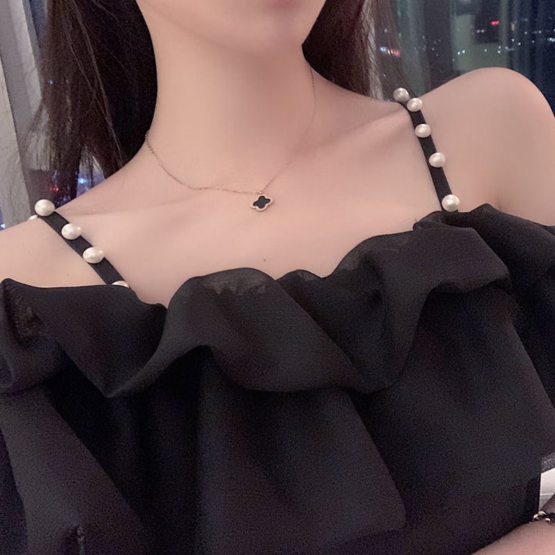 Đầm Ngắn Trễ Vai Phối Bèo Đính Ngọc Trai Phong Cách Hàn Quốc Thời Trang Mùa Hè Cho Nữ (2 Màu)