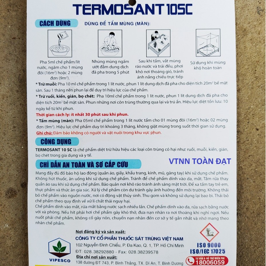 Chế Phẩm Diệt Côn Trùng Termosant 10SC, Thuốc diệt muỗi, kiến, gián, bọ chét (5ml)