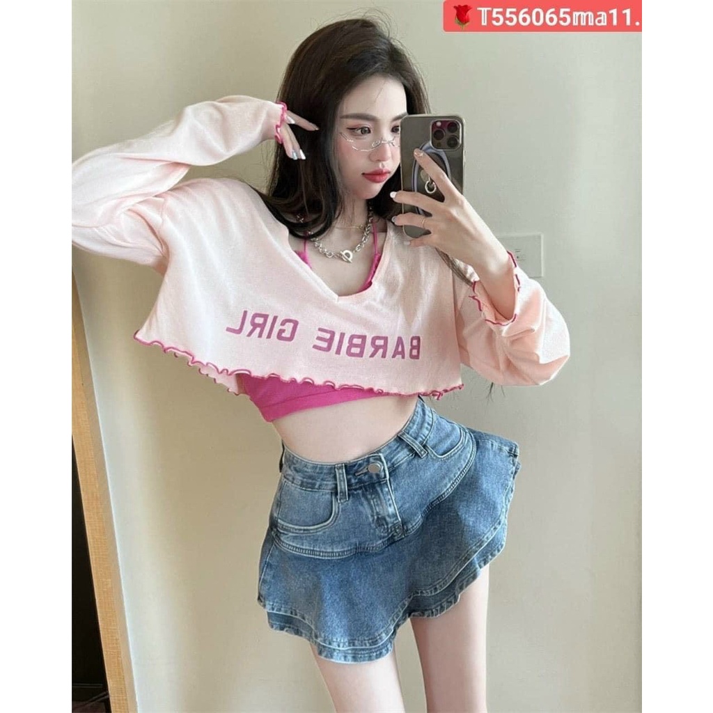 Sét áo croptop cổ tim tay dài in chữ girl kèm áo yếm trong cực xinh , chất thun coton mềm mát mk