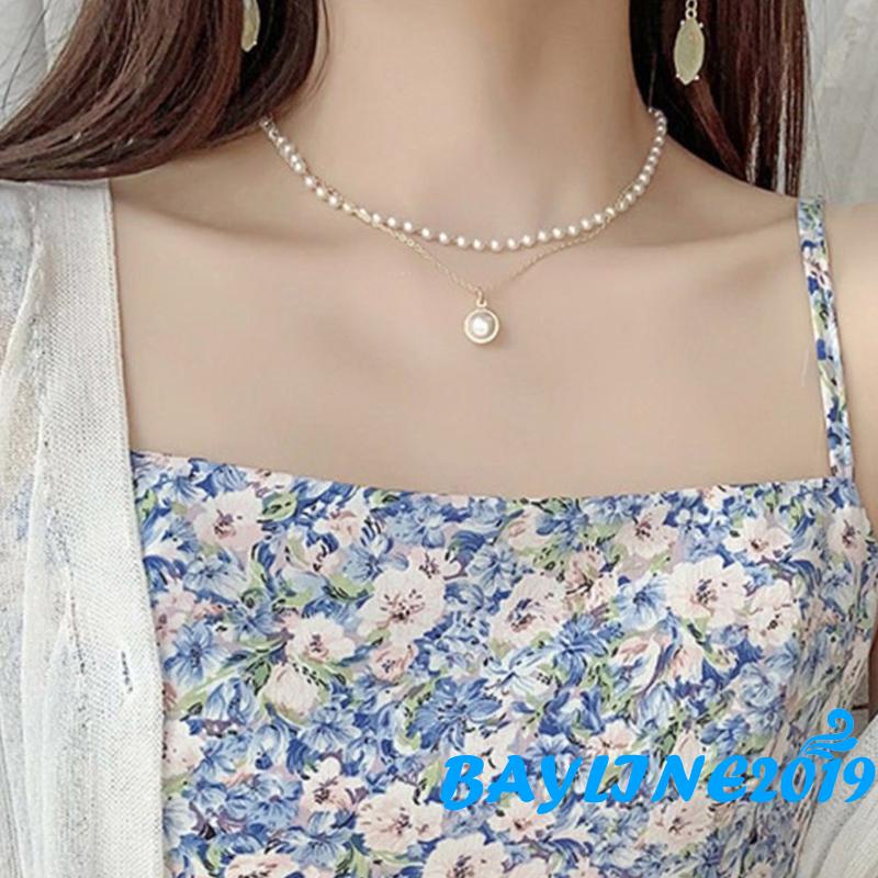 Vòng cổ hợp kim hai lớp đính ngọc trai nhân tạo thời trang