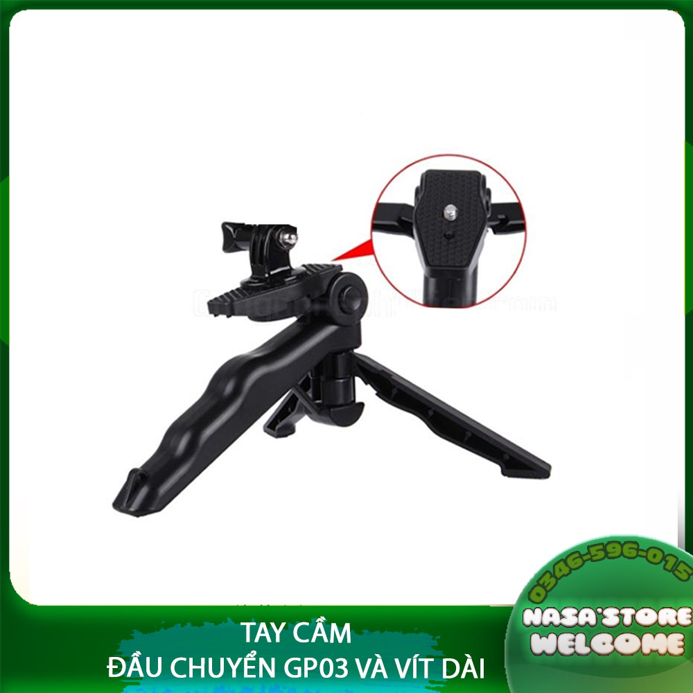 Tay cầm kiêm tripod mini gài go pro có vít dài và đầu chuyển Gp03 chân cài camera