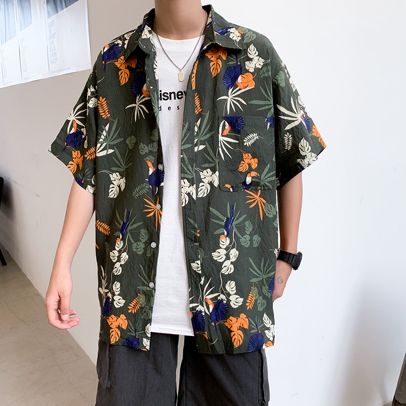 M-5XL [Spot] in siêu cháy nhà máy trực tiếp bán mùa hè kiểu mới cho bé trai áo sơ mi ngắn tay cộng với size nam phong cách kỳ nghỉ bãi biển nguyên bản Hawaii đôi áo sơ mi hoa thủy triều