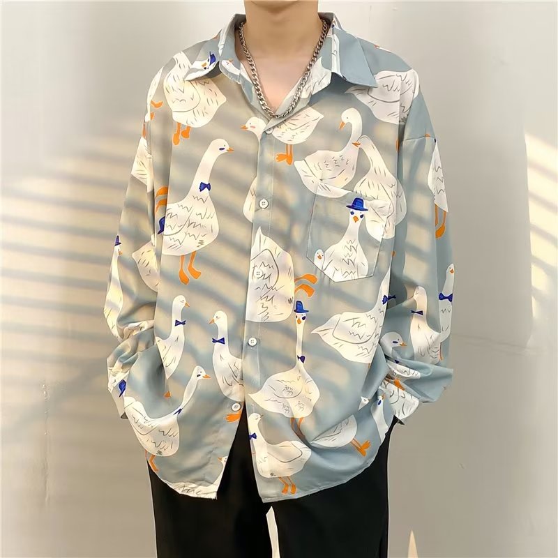 Áo Sơ Mi Tay Dài Dáng Rộng In Họa Tiết Hoạt Hình Động Vật Dễ Thương Thời Trang Xuân Thu 2023 Cho Nam