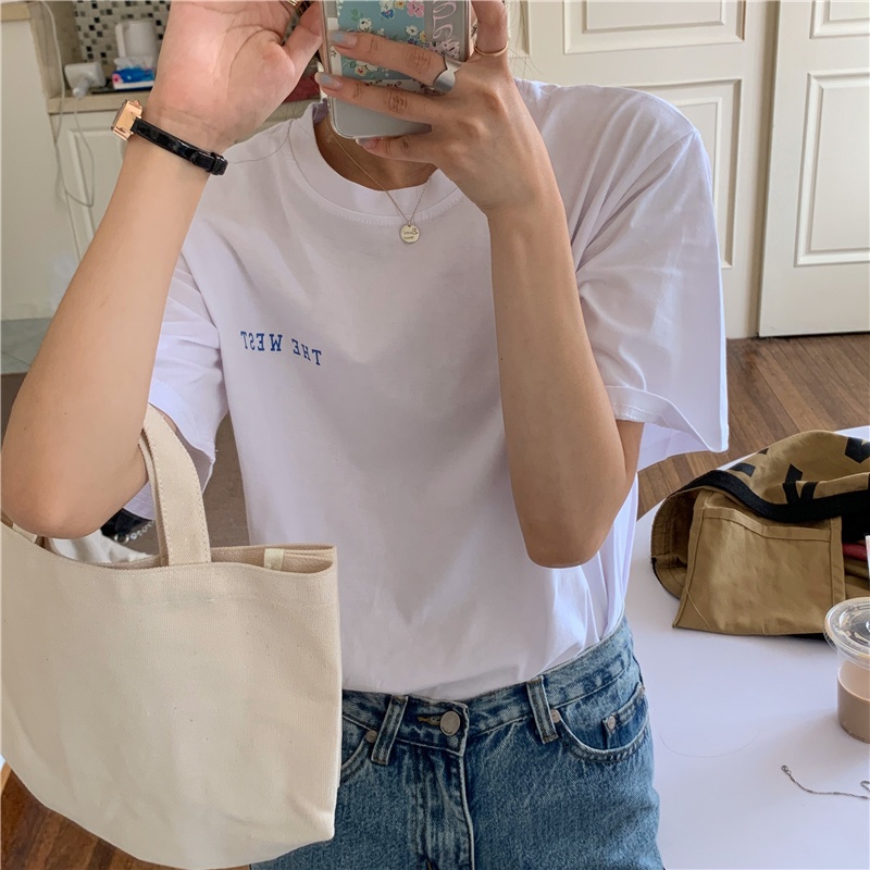 SUXI Áo thun dáng rộng tay ngắn cổ tròn in chữ phong cách retro thời trang hè cho nữ