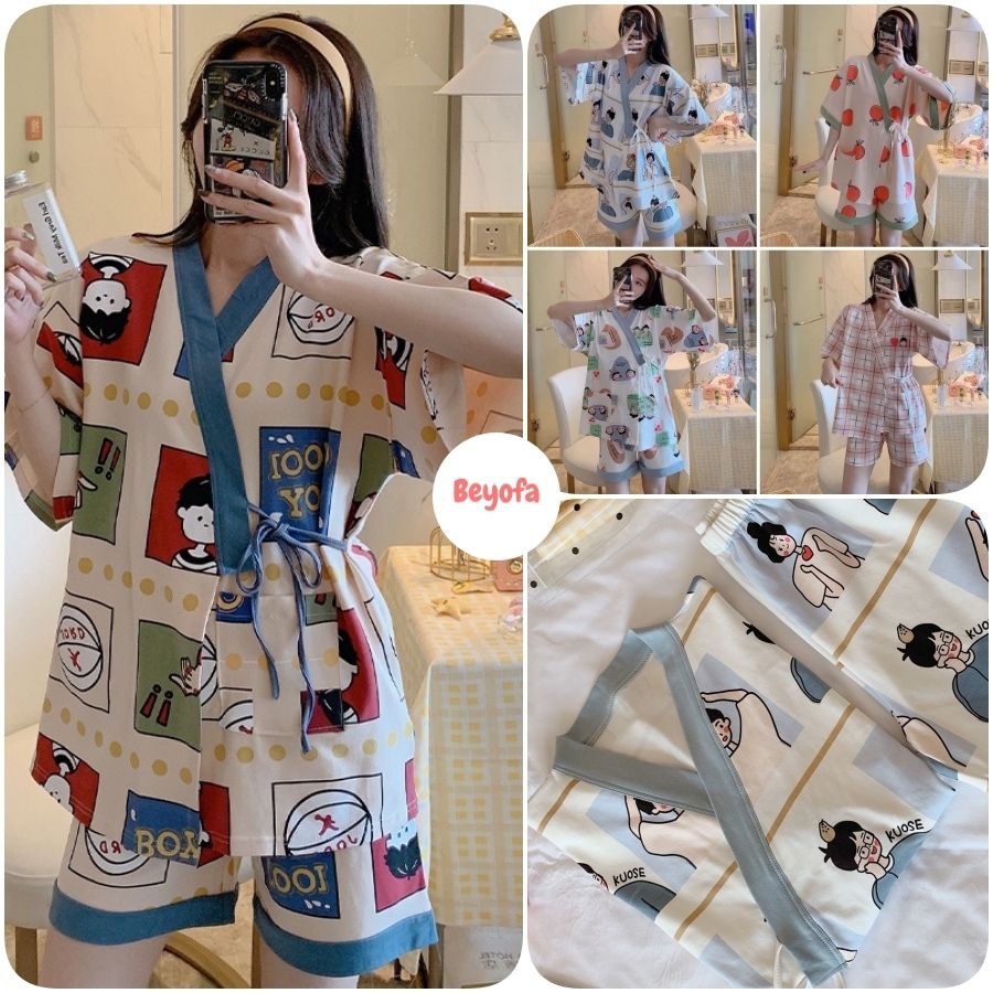 Đồ ngủ pijama nữ hoạt hình dễ thương có dây buộc - bộ ngủ kimono nữ mặc nhà icon dây eo cộc