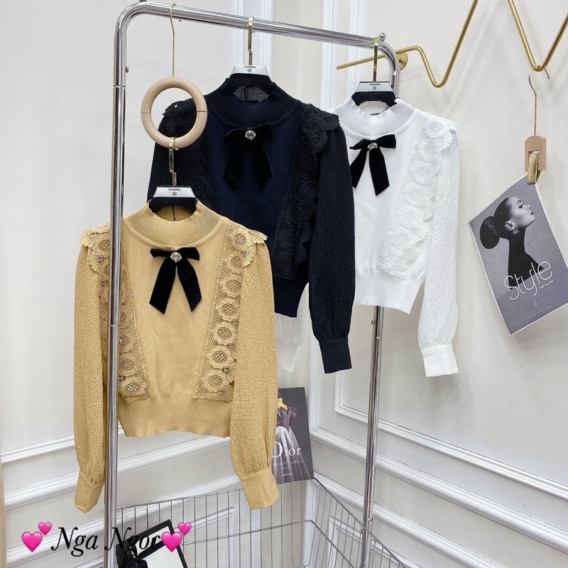 Áo len phối ren tag nơ