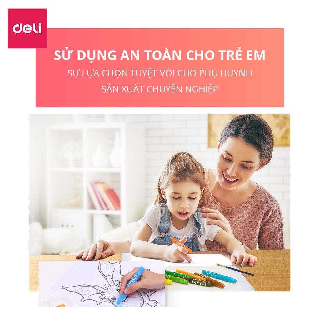 Bút Sáp Màu Nước Cao Cấp Color Kids Deli - 12 Màu - Dành cho bé từ 3 tuổi, không độc hại, kèm cọ và hộp nhựa