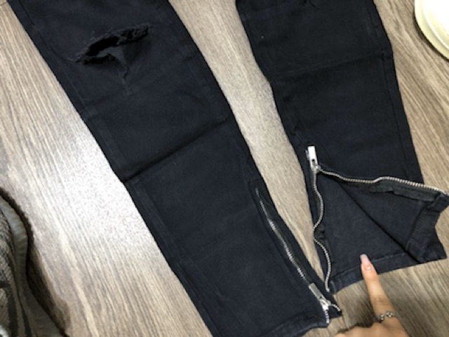 Quần KaKi Jeans khoá zip rách gối trơn