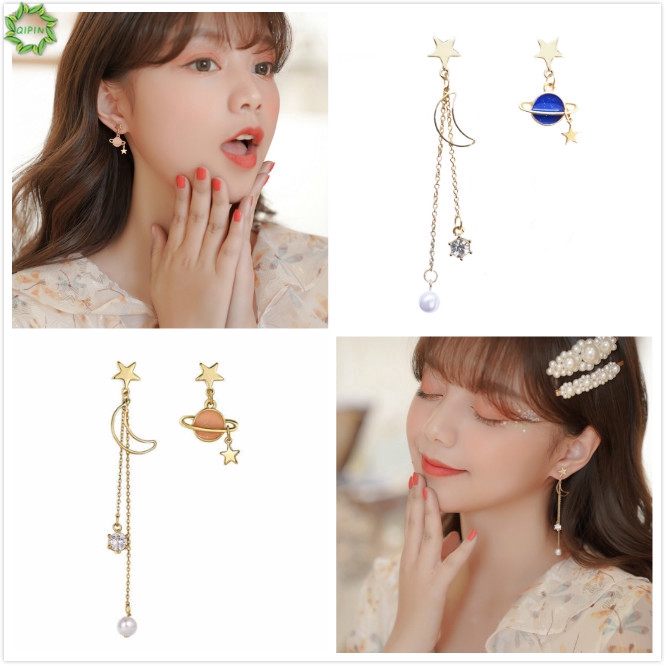 Cặp khuyên tai dáng dài dự tiệc phối tua rua bất đối xứng mặt hình sao trời phong cách Hàn Quốc