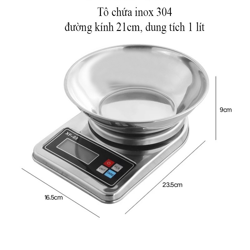 Cân Điện Tử Mini Nhà Bếp 3kg 5kg 7kg FULL INOX 304 Không Gỉ Tặng Tô Chứa INOX 1 Lít Cân Siêu Chính Xác Bảo Hành 1 Năm