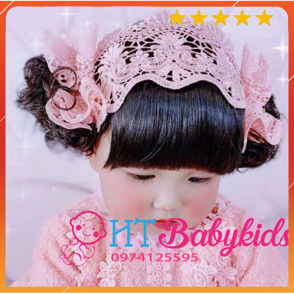 Băng Đô Tóc Giả Ren Hồng - Kèm Tóc Mái Cho Bé