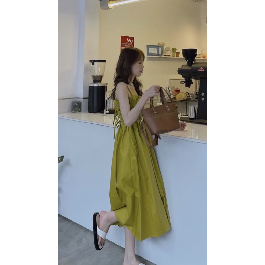 Đầm maxi hai dây chun ngực thắt dây sau lưng dáng dài váy maxi màu xanh hot trend hàng sẵn kèm video siêu xinh