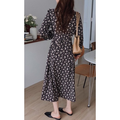 Đầm midi tay dài cổ chữ v họa tiết hoa phong cách retro 45981