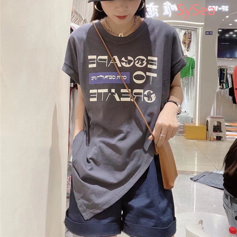 Áo Thun Tay Ngắn In Chữ Thiết Kế Bất Đối Xứng Phong Cách Hàn Quốc Trẻ Trung Cho Nữ