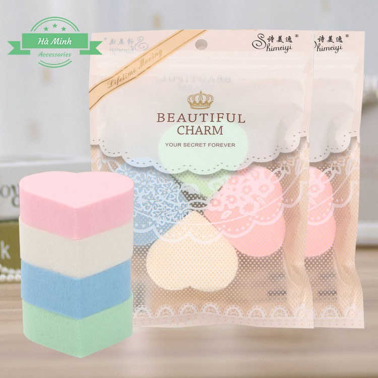 Bộ 4 Miếng Bông, Mút Trái Tim Tán Kem Nền Trang Điểm Beautiful Full Box