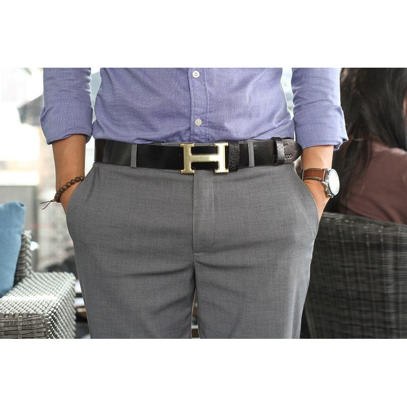 Dây thắt lưng nam chữ H mặt vàng mặt trắng dây da đen