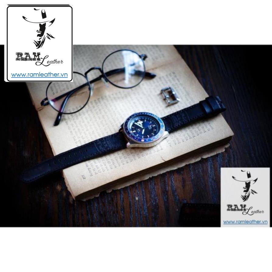 DÂY ĐỒNG HỒ TRỐNG ĐỒNG ĐEN VEGTAN PHỦ 1 MÀU- DA BÒ THẬT - RAM LEATHER