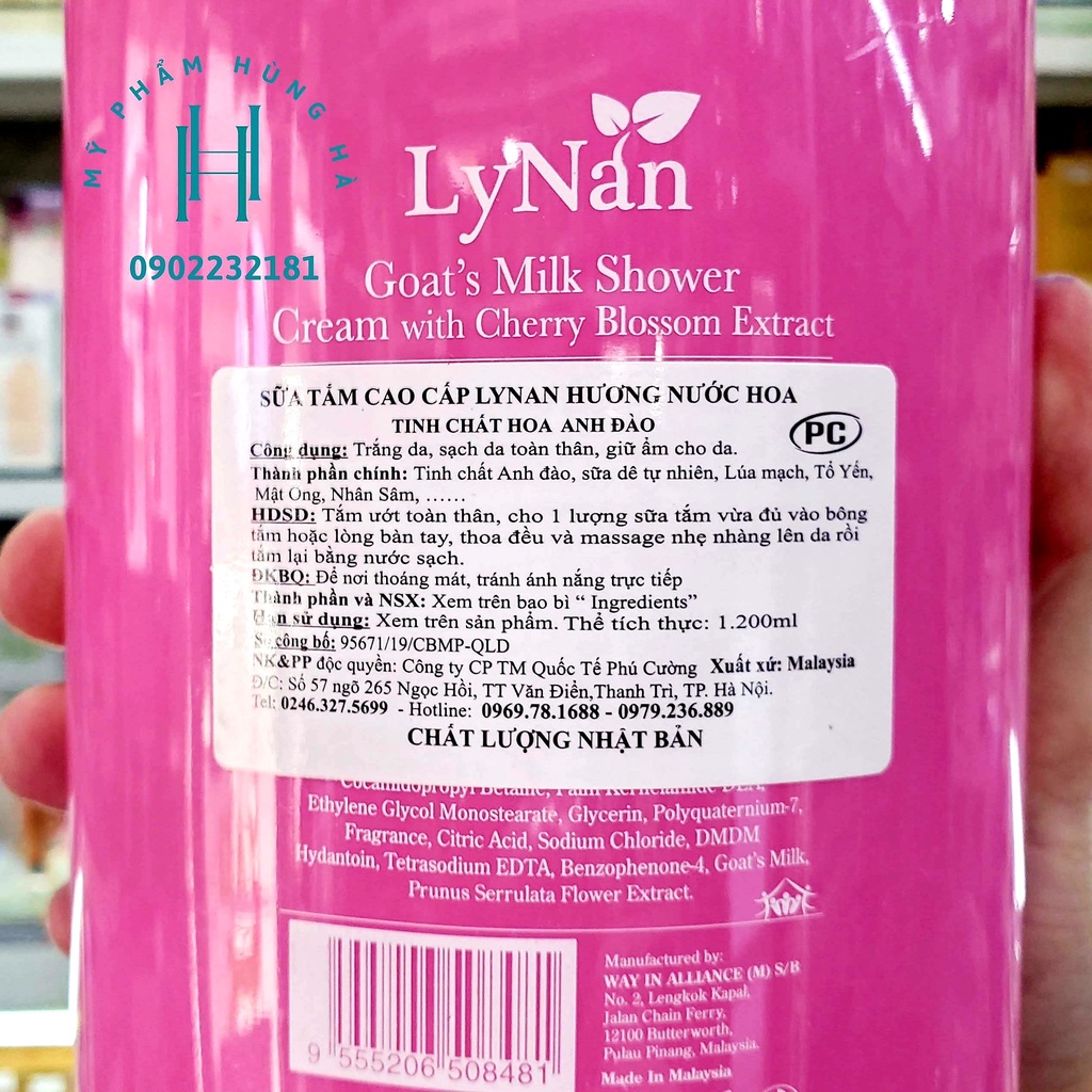 Sữa tắm LyNan, sữa tắm trắng da, hương Hoa Anh Đào Goat's Milk Shower Cream With Cherry Blossom Extract 1200ml