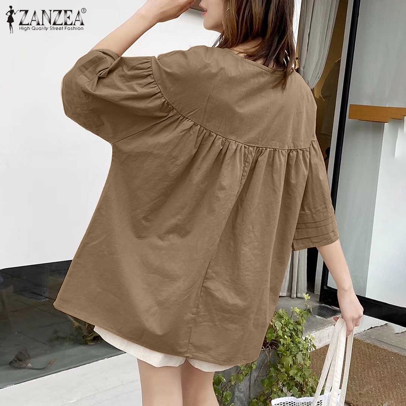 Áo ZANZEA tay áo loe cổ áo thiết kế xếp ly thời trang cho nữ