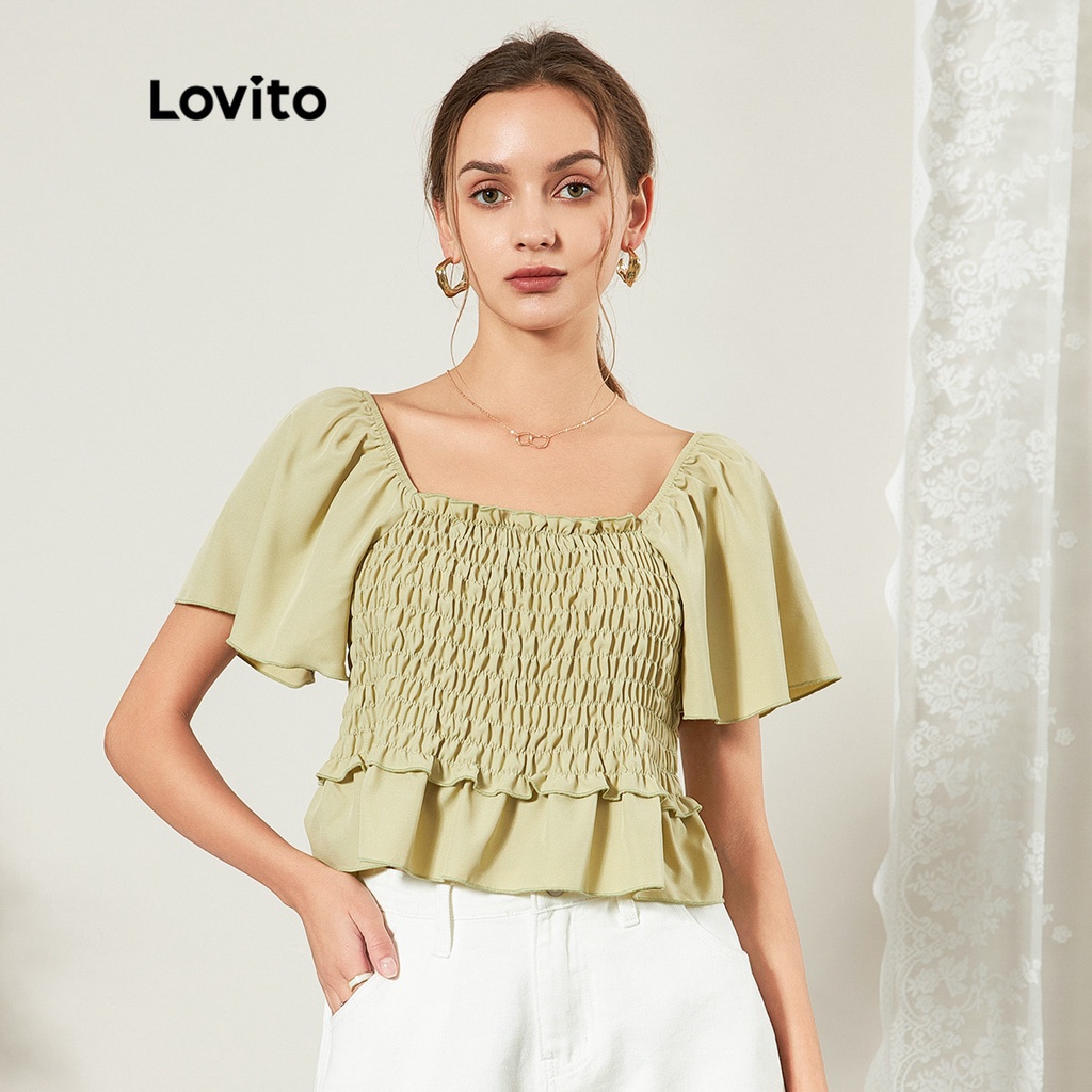 Áo kiểu Lovito màu trơn may nhún chun viền nhún bèo cảm giác mát phong cách thường ngày L25ED018 (màu xanh lá nhạt)