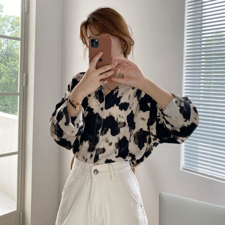 Áo sơ mi nữ họa tiết tay dài thời trang