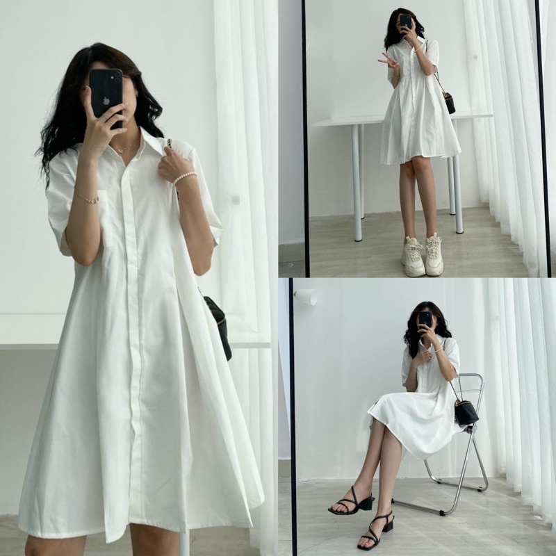 [Ảnh thật/Video]Váy sơ mi Xếp Li túi ngực dáng suông xinh xắn