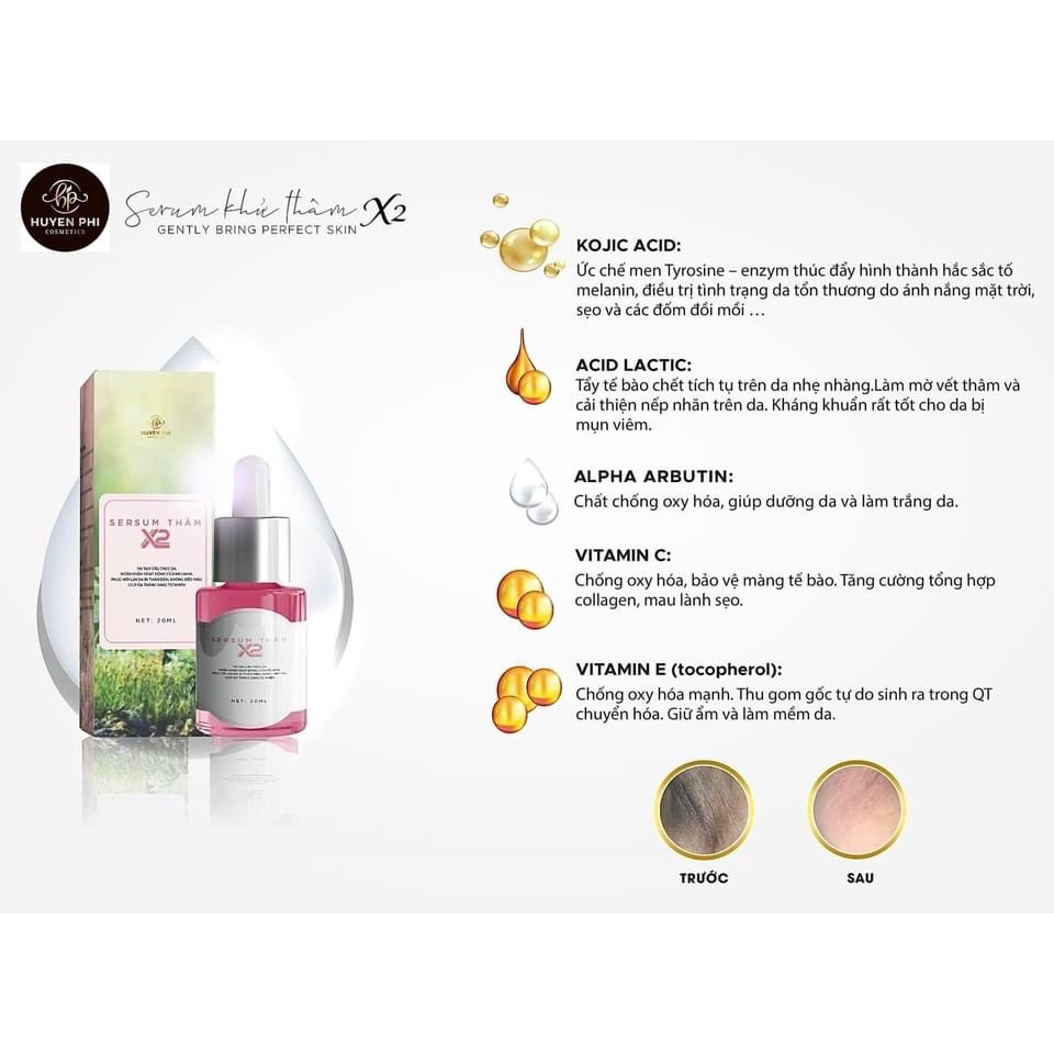 Serum Thâm X2 Huyền Phi 20ml Tác dụng khử thâm hiệu quả nách, bẹn, đầu gối, body giúp da trắng sáng tự nhiên
