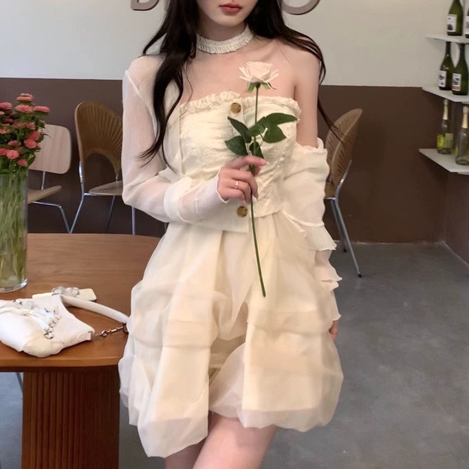 Đầm Ôm Dáng Hở Vai Phối Lưới Thiết Kế Ngọt Ngào Nữ Tính