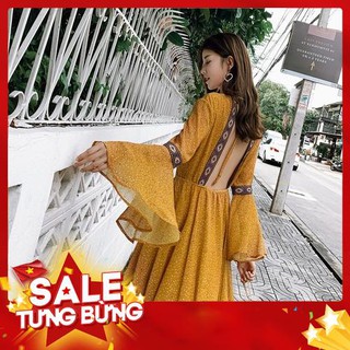 Đầm / Váy vàng dáng xòe tay hến phong cách Bohemian cực xinh - Hàng order