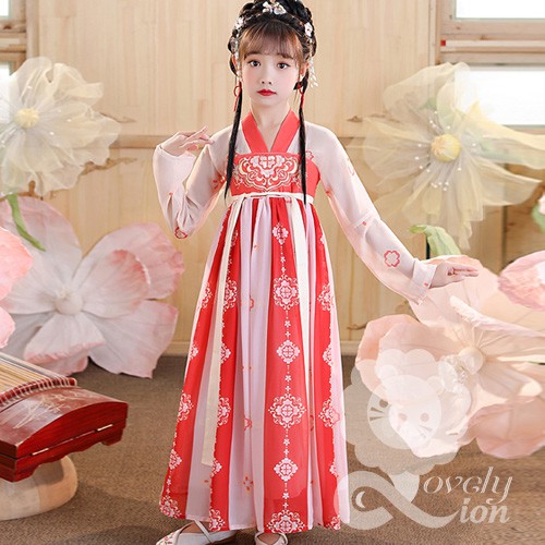 Bộ hán phục công chúa màu đỏ in hoa văn cho bé gái + Tặng khăn lụa