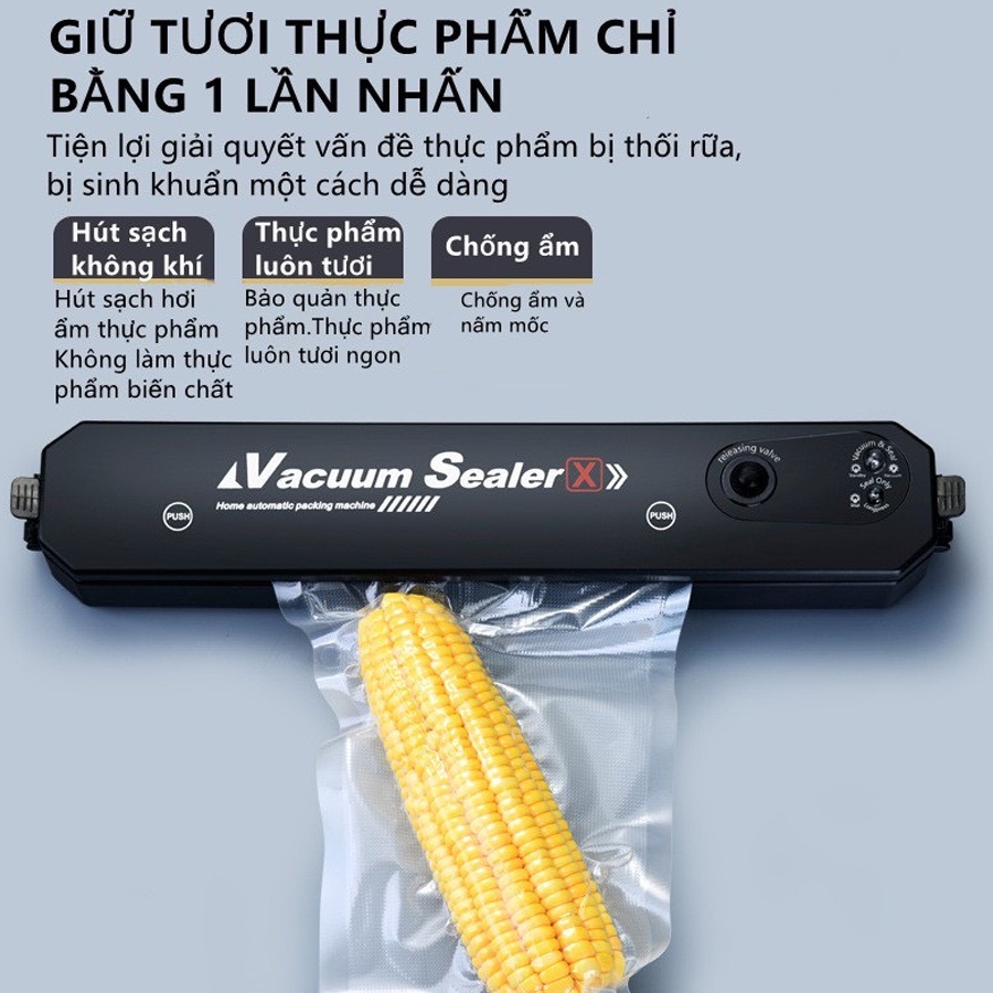 Máy hút chân không bảo quản thực phẩm Vacuum Sealer X mini cao cấp tự hàn miệng tiện dụng tặng kèm 10 túi hút