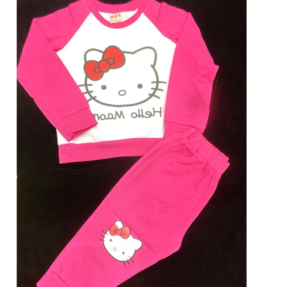 Bộ Dài Quần Áo Thu Đông Hình Kitty Cho Bé Gái Chất Vải Cotton