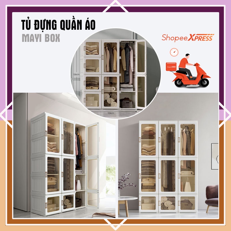 Tủ quần áo nhựa gấp gọn trong suốt MAYI BOX - Tủ đựng đồ gấp gọn tiện lợi nhựa cứng, cánh tủ nam châm đóng tự động