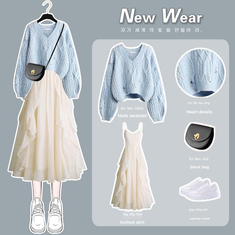 Set Đầm Len Hai Dây Dáng Ôm Phong Cách Phương Tây Thời Trang Thu Đông Hàng Mới 2022 Dành Cho Bạn Nữ